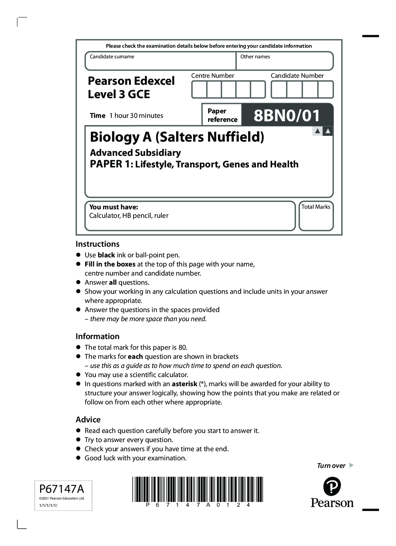 Preview image for Pearson Edexcel Level 3 GCE Biology A (Salters Nuffield)Advanced Subsidiary PAPER 1: Lifestyle, Transport, Genes and HealthOCRQuestion PaperOCRNovember 2021